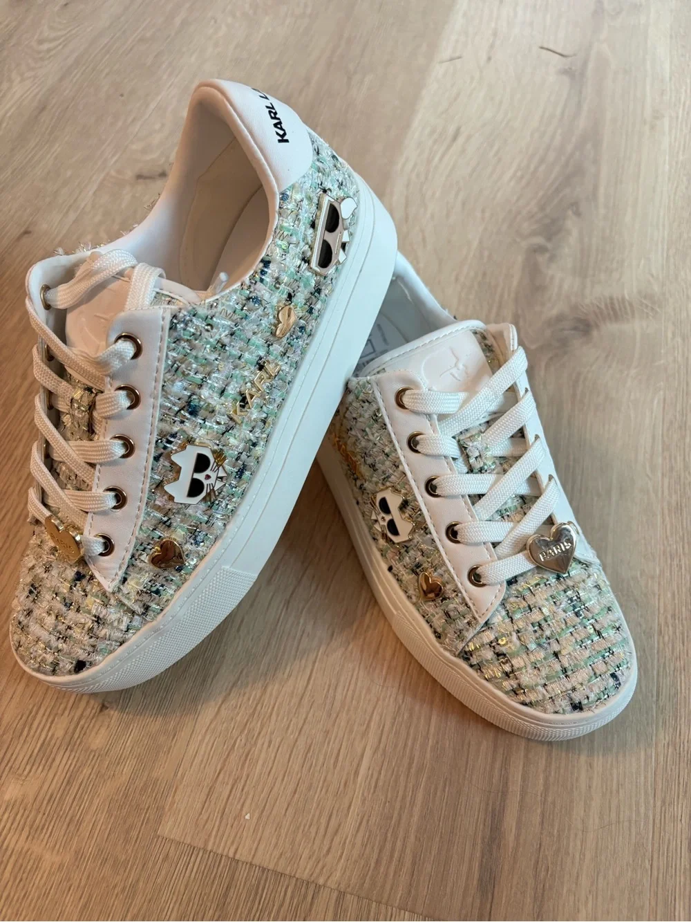 Karl Lagerfeld White Tweed Platform Espadrille Sneakers with Gold Accents